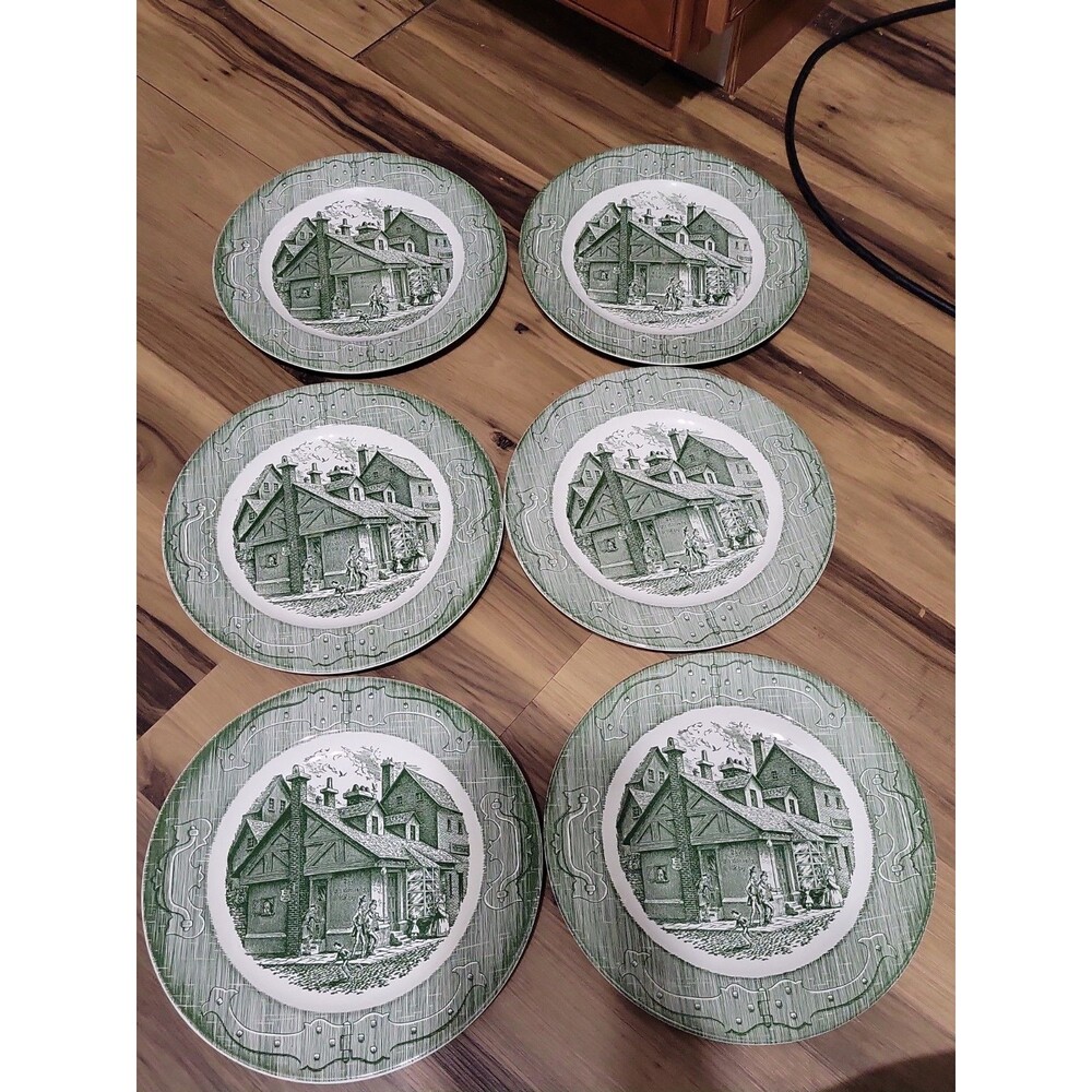 5 Royal China The Old Curiosity Shop 10 1/8" Dinner Plates Vtg USA Green
